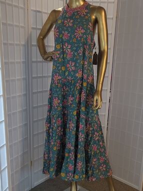 Floral Halter Maxi Dress in Teal with Pink & Yellow Flowers
